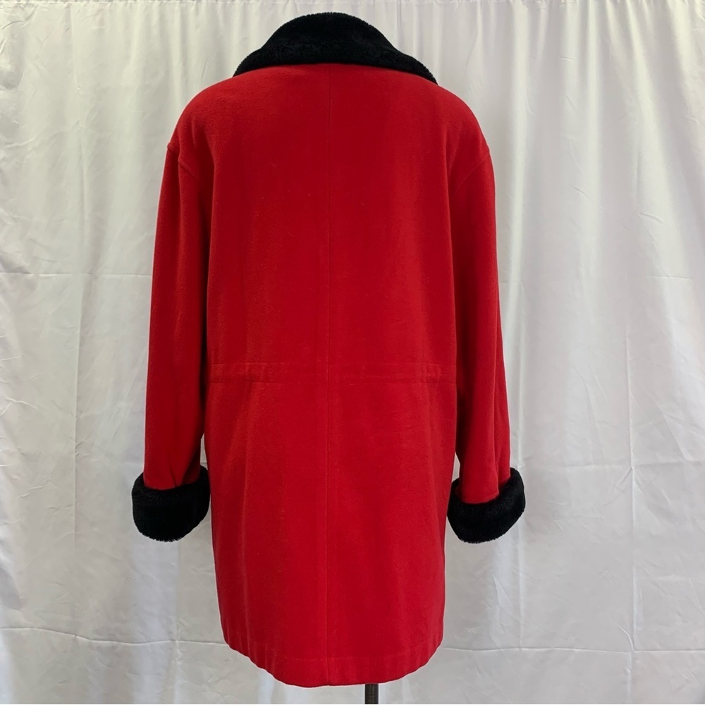 Vintage Red Wool Coat with Black Faux Fur Trim - Picture 2 of 11